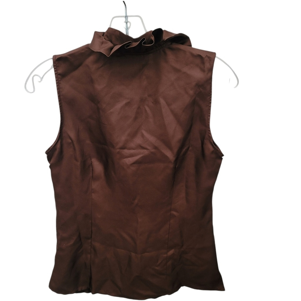 NWT Elizabeth McKay 100% Silk - Brown - Ruffled Collar Sleeveless Blouse - sz 2 - Picture 3 of 9